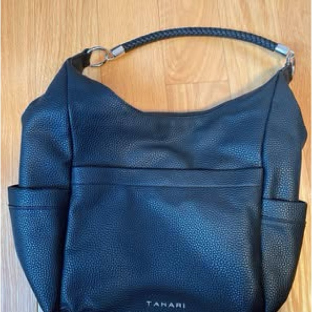 Tahari Black Pebbled Leather Shoulder Hobo with Braided Strap